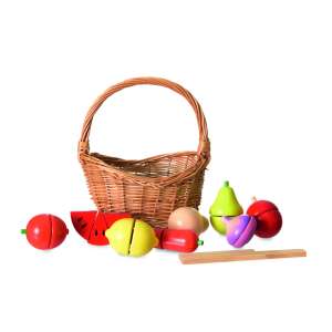 Egmont Toys wooden fruit and vegetable play set with basket, knife and pretend food for kids - Toy kitchen tool