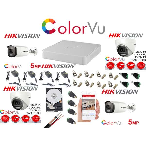 Set Profesionist de Supraveghere Hikvision Color Vu cu 4 Camere 5MP IR40m și IR20m, Accesorii Complete și HDD 1TB