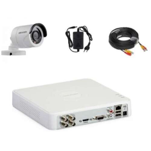 Hikvision 4-channel DVR security system with 1 outdoor camera, 2MP, IR 20m, power supply, cable, and software