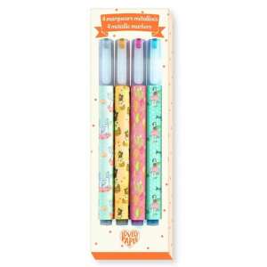 Djeco metallic markers, set of 4, with cute animal and floral designs - Marker