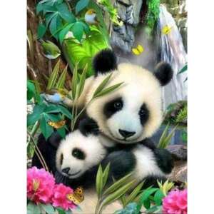Diamond painting kit with a panda and her cub in a forest setting - Diamond painting kit