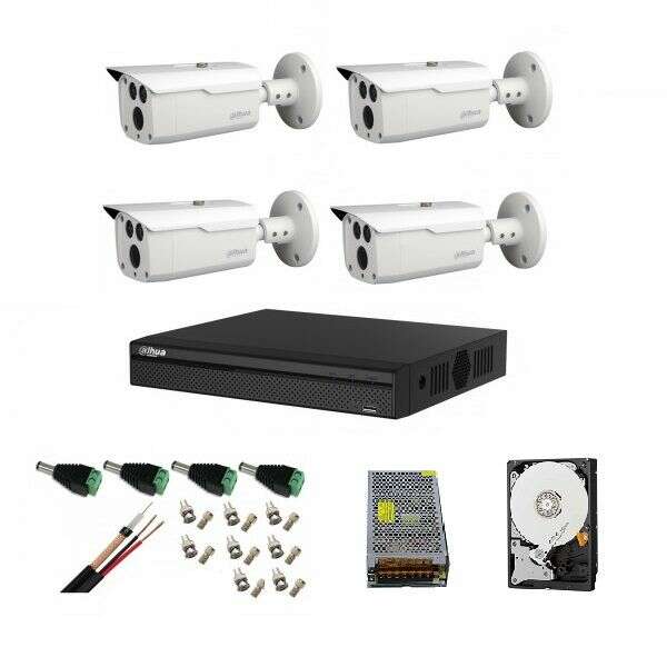 Professional Video Surveillance System with 4 Dahua 5MP HDCVI IR 80m Cameras, Full Accessories, Coaxial Cable, Live Internet