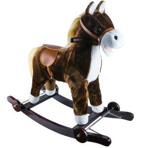 Brown plush rocking horse with wheels, wooden base, saddle, and reins - Rocking horse & animal