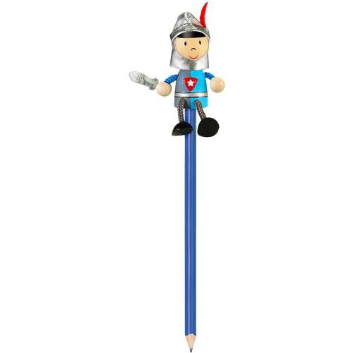 Fiesta Crafts Knight pencil topper, wooden figure with sword, blue pencil
