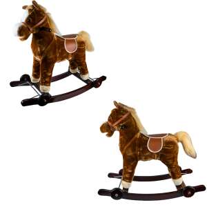 Collage of two brown rocking horses with wheels, plush, wooden base, for kids, toy - Rocking horse & animal