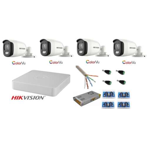 Hikvision 4 kamerás CCTV rendszer 5MP Ultra HD Color VU teljes munkaidős (színes éjszakai) megfigyelő kamerákkal, DVR-rel, kábelekkel, tápegységgel és tartozékokkal