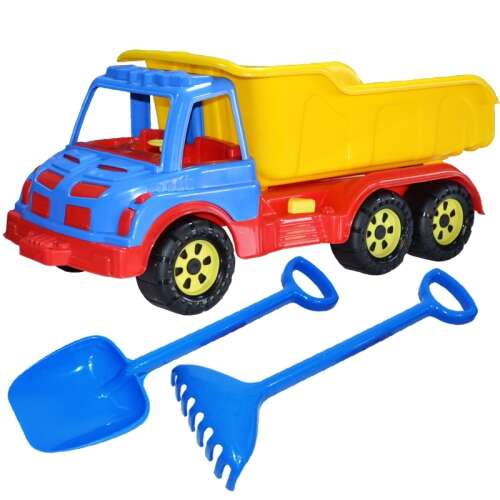 Robentoys® 60 cm kék, piros és sárga játék dumper lapáttal és gereblyével
