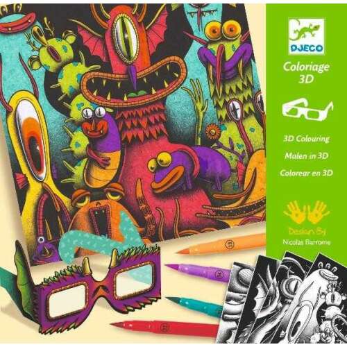 Djeco 3D Coloring Funny Freaks, 3D coloring book with 4 sheets, 7 dual-tip pens, 3D glasses, and instructions