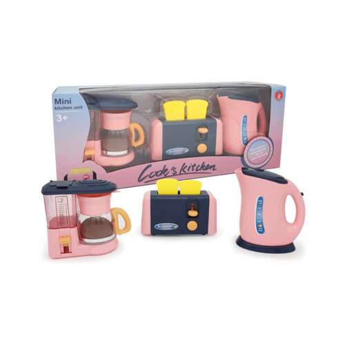 Rózsaszín műanyag játékkonyha készlet kávéfőzővel, pirítóssal és vízforralóval
