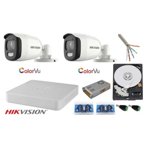Hikvision CCTV rendszer, 2MP Ultra HD Color VU teljes munkaidőben (színes éjszaka), 4 csatornás DVR, tartozékok