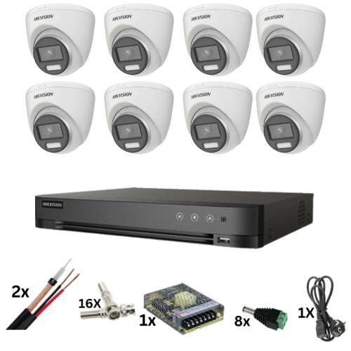 Hikvision 8 kamerás biztonsági rendszer 8MP ColorVu kamerákkal, 40m színes éjjellátással, 2.8mm lencsével, 8MP 8 csatornás DVR-rel és tartozékokkal