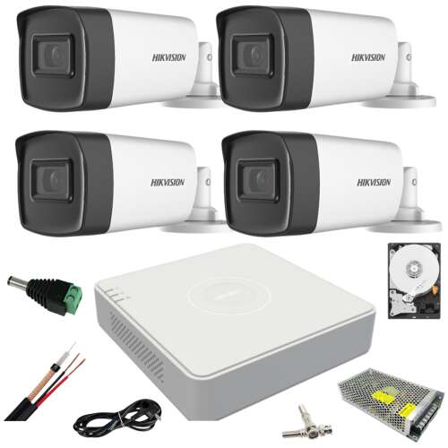 Hikvision 4-camera security system with 5MP Turbo HD IR cameras, 1TB hard drive, and accessories