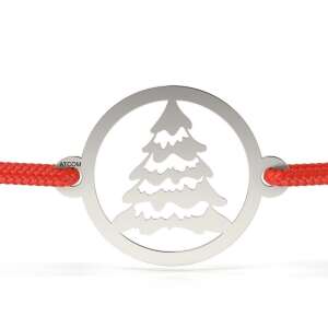 Bransoletka srebrna ATCOM z czerwonym sznurkiem i wyciętym wzorem choinki - Atcom Jewelry