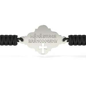 Bransoletka srebrna z czarnym sznurkiem i napisem "Mânăstirea Brâncovenesc" z krzyżem, model prawosławny 13 - Moda i ubiór
