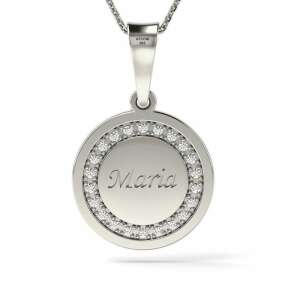 Colier de argint cu un pandantiv rotund cu numele Maria, înconjurat de cristale mici - Atcom Jewelry
