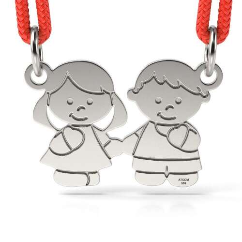 Pandantiv ATCOM din argint cu cordon roșu, fată și băiat ținându-se de mână, argint 925