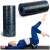 Foam roller with blue and black pattern, woman using it for back exercises
