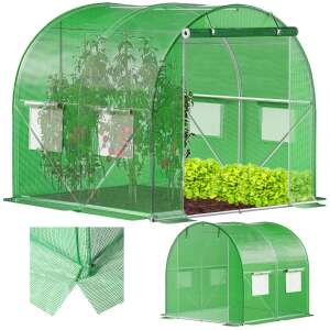 Springos 2x2x2m greenhouse with green cover, showing the greenhouse with plants inside and a close-up of the cover material - Landscaping