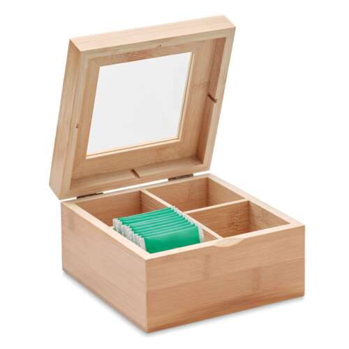 Bambusz teafilter tartó doboz üveg fedéllel és 4 rekesz, tökéletes a teagyűjtemény rendezéséhez
