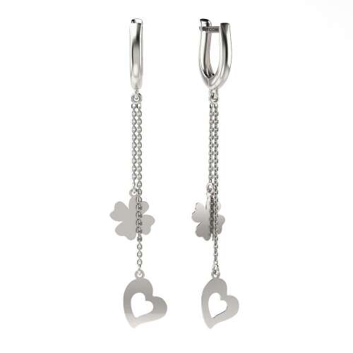 Сребърни обеци с висулки с детелина и сърце, модел 06
