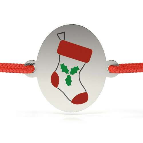 Silver bracelet with red string and Christmas stocking design