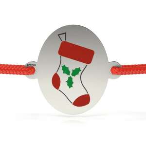 Сребърна гривна с червен шнур и дизайн на коледен чорап - Atcom Jewelry