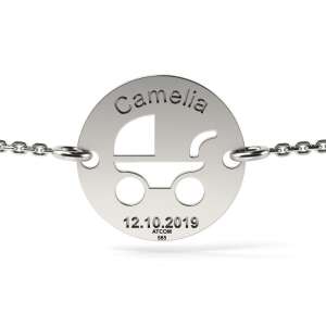 Сребърна гривна с бебешка количка, име и дата, ATCOM Bambino - Atcom Jewelry