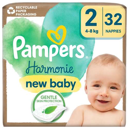 Pampers Harmonie New Baby Pieluchy Rozmiar 2, 32 sztuk, 4-8kg, Opakowanie z papieru nadającego się do recyklingu