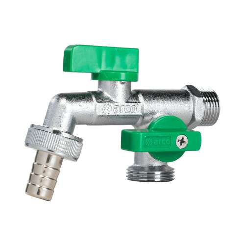 ARCO kerti csap tömlővéggel és dupla kifolyóval, 1/2". Kettős csatlakozású kerti csap öntözéshez.