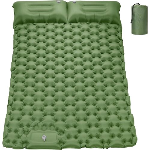 Timeless Tools green double inflatable camping mat with pillows and carry bag