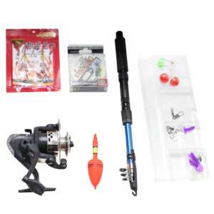 Fishing rod, reel, line, lures, and other accessories, all laid out on a white background - Fishing Bag & Rod Holdall