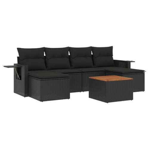 vidaXL 7 részes fekete polyrattan kerti ülőgarnitúra párnával, kerti bútor, terasz bútor, udvari bútor, kényelmes ülés, moduláris kialakítás, tárolóhely, akácfa asztal - Kerti garnitúra