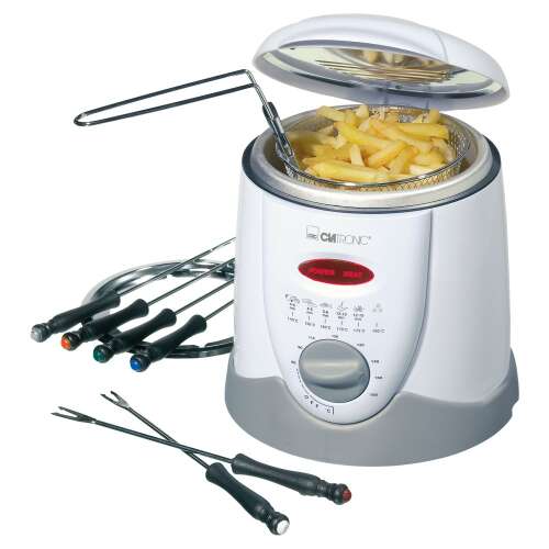 Clatronic FFR 2916 weiß 1L 900W Fritteuse und Fondue-Set mit Pommes Frites im Korb und Fondue-Gabeln