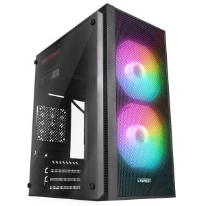 Pohľad pod uhlom na PC skrinku Everest MINION Mesh s RGB ventilátormi a bočným panelom z tvrdeného skla - Počítače a doplnky