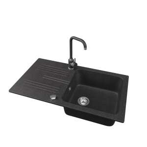 NERO Malta fekete gránit mosogató Steel csapteleppel és dugóemelővel - Építkezés & Felújítás