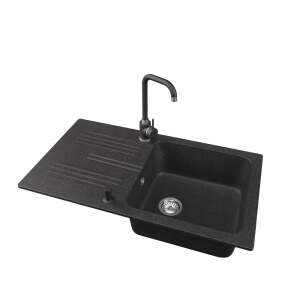 NERO Malta fekete gránit mosogató Steel csapteleppel és adagolóval - Építkezés & Felújítás