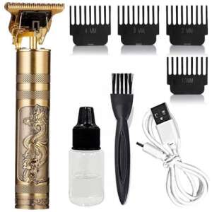Vintage 4-piece hair and beard trimmer set with dragon design, includes 4 combs, cleaning brush, oil, and USB cable - Beard Trimmer