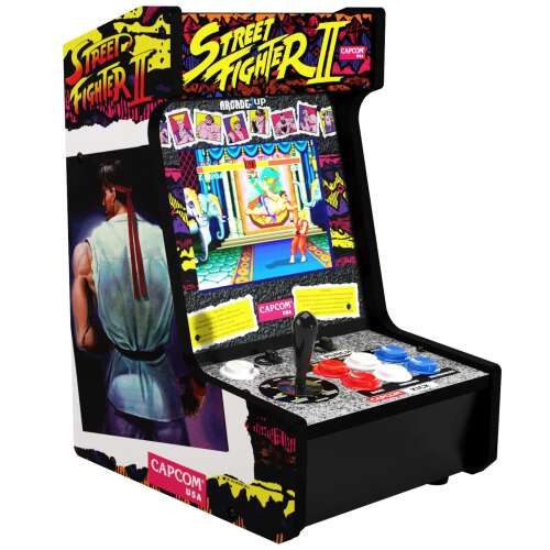 Arcade1Up Street Fighter II Countercade Arcade szekrény, oldalnézet, a vezérlők és a játékkép látható
