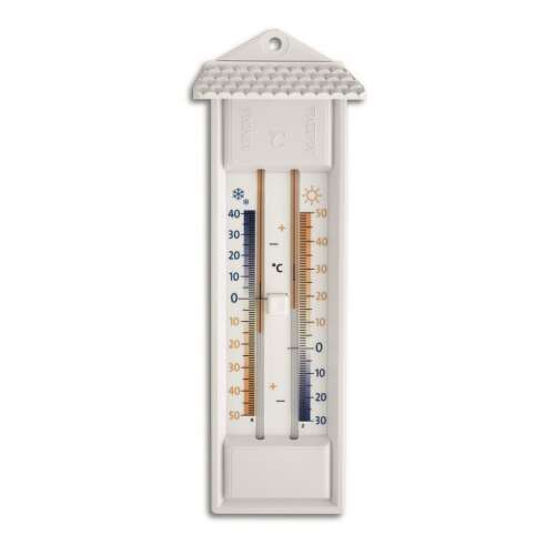 Termometru alb minim-maxim cu o gamă de la -40°C la +50°C, perfect pentru monitorizarea temperaturii interioare sau exterioare