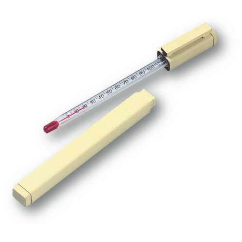 Termometru pentru ceai 0°+100°C 14.2013, termometru din sticlă cu carcasă din plastic, măsoară de la 0 la 100 grade Celsius, cu o diviziune de 1 grad Celsius, umplut cu alcool, lungime 130 mm