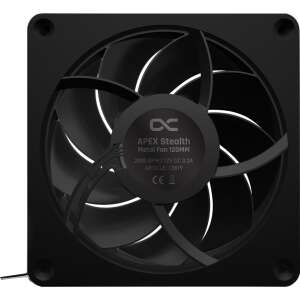 Alphacool Apex Stealth Metall-Lüfter 120mm PWM, schwarz, Vorderansicht mit Spezifikationen - Alphacool