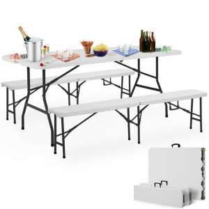 ModernHome összecsukható hordozható Sörpad garnitúra asztal 180cm + 2 pad #fehér 94682353 Kerti bútorok