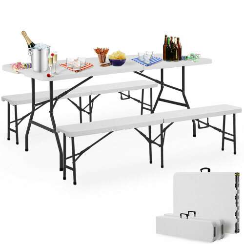 ModernHome összecsukható hordozható Sörpad garnitúra asztal 180cm + 2 pad #fehér