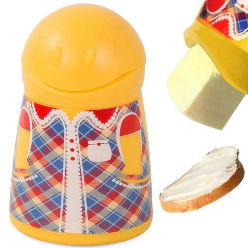 Yellow butter dispenser with a plaid design, perfect for spreading butter on corn on the cob