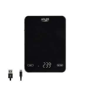 Adler Küchenwaage, schwarz, digital, 10kg Kapazität, USB-aufladbar, mit USB-Kabel - Küchenwaagen