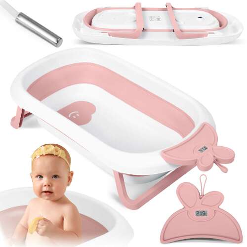 Ricokids foldable baby bathtub with thermometer, white and pink, collage view