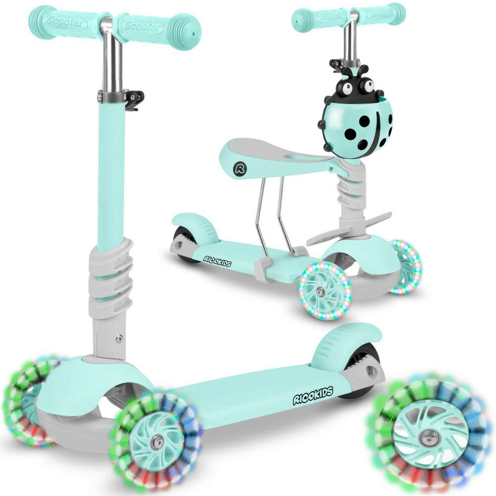 Ricokids 3in1 háromkerekű Roller világítós kerekekkel - Menta, Szürke