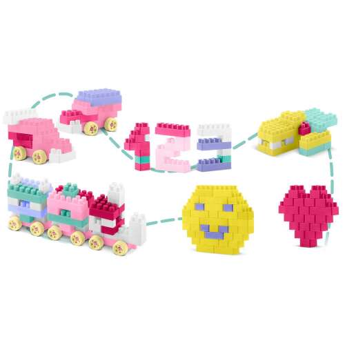 Ricokids építőkocka készlet, 300 darab, színes vonat, autó, számok, mosolygós arc és szív minták