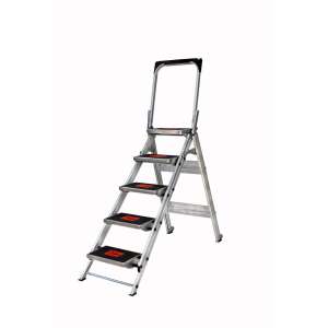 Little Giant Safety Step 5, стълба с 5 стъпала, алуминиева, компактна, сгъваема, стъпало за безопасност, тава за инструменти, колела Tip & Glide, 36 cm дълбоки стъпала, товароносимост 150 kg - Стълба и стойка