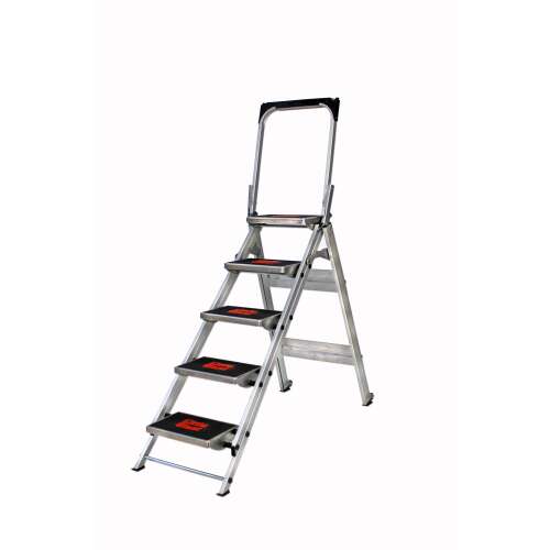 Little Giant Safety Step 5, стълба с 5 стъпала, алуминиева, компактна, сгъваема, стъпало за безопасност, тава за инструменти, колела Tip & Glide, 36 cm дълбоки стъпала, товароносимост 150 kg